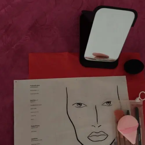 Poste d’une participante à un atelier : fiche visage à compléter, miroir, éponges et pinceaux de maquillage